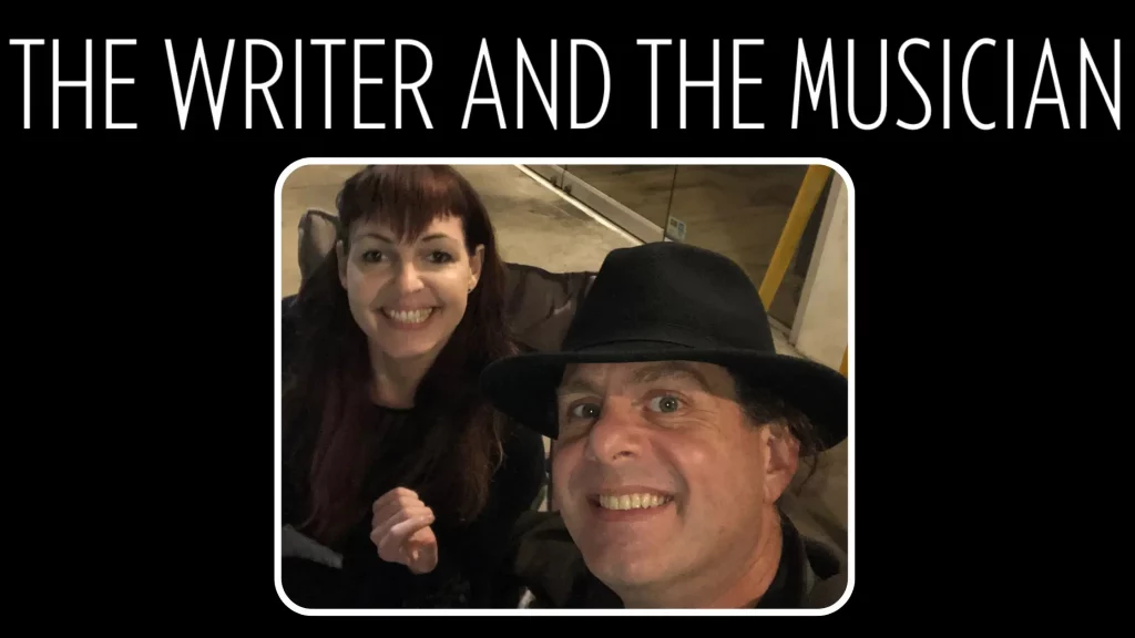 About The Writer and The Musician podcast hosts banner with photo, logo, and show title on black background